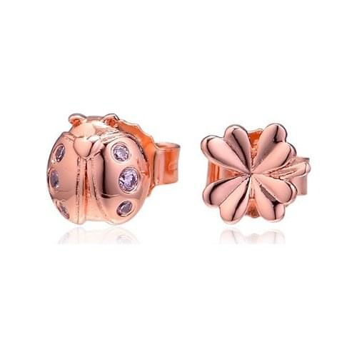 Four-Leaf Clover & Ladybird Stud Earrings Pave CZ Rose Golden Jewelry Small Earrings for Women Fashion Spring Jewelry Earrings