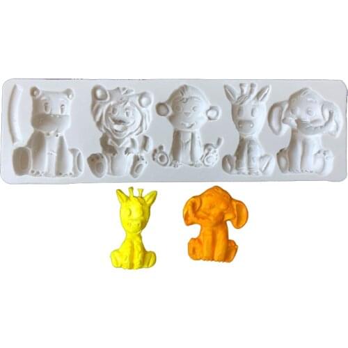 5 Holes Animal Series Silicone Fondant Cake Mold Monkey Elephant Shape Chocolate Candy Baking Tools Handmade Clay Plaster Crafts