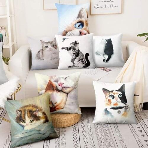 Cute Watercolor Cat Illustration Art Print Pillowcase Meow Cushion Decorative Pillows Home Decor Sofa Throw Pillows 17*17inch
