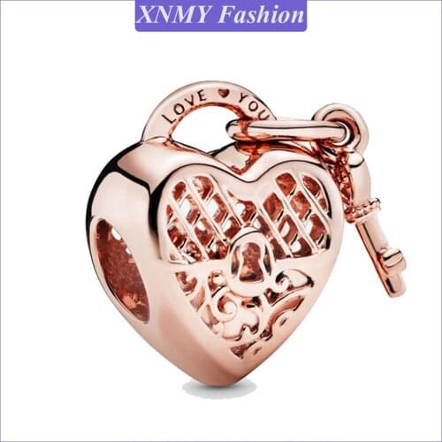 XNMY New Rose Gold Color Love You Heart Padlock Charm Fit Original Pandora Bracelet Diy Women Jewelry Valentines Day Gift