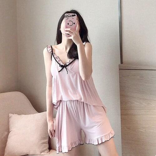 Womens Summer Sling Pajamas Set Shorts Modal Sweet Wind Belt Bra Ear Edge Small Sexy Nightgown Suit Home Clothes Sleepwear