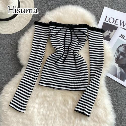 2021 autumn new female striped slash neck bow long sleeve knitted shirt womens chic slim lace-up blouses women sweater shirts