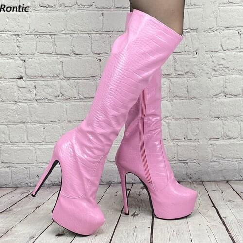 Rontic New Handmade Women Winter Knee Boots Unisex Sexy Croc Stiletto Heels Round Toe Gorgeous Pink Red Party Shoes Us Size 5-20