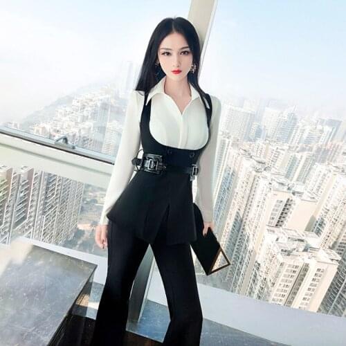 Early spring lady two-piece fashion stitching OL suit 2021 new temperament white shirt vest back flared pants girl