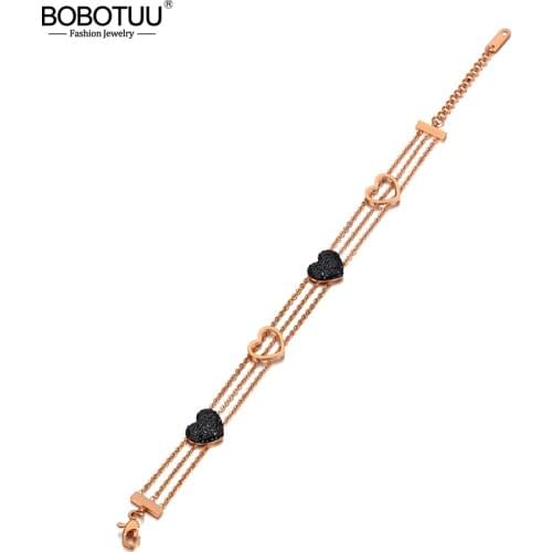 BOBOTUU Titanium Stainless Steel Bohemia Beach Chain & Link Bracelets For Women Trendy Crystal Heart Charm Bracelet BB20140