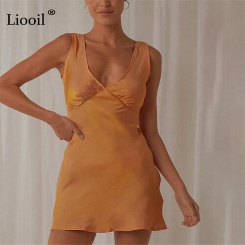 Liooil Sexy Mini Satin Dress Women Summer Streetwear Sleeveless V Neck Drawstring Beach Party Birthday Short Dresses Sundress