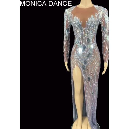 Women Sexy Stage Rhinestone Sequins Long Dress Sexy Mesh Perspective High Split Birthday Celebrity Part Dress Singer Stage Wear