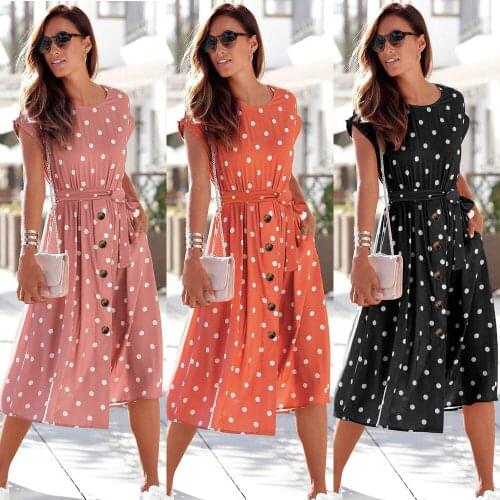 Women Summer Polka Dot Breasted Casual Dress Elegant Short Sleeve Beach Maxi Dress Ladies Retro Dresses Femme