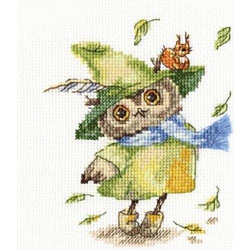 Gold Collection Lovely Counted Cross Stitch Kit rto Owl Leaf Fall Big Wind Green Hat Owl