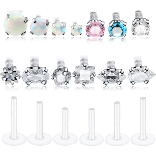 1PC Lip Piercings Prong Setting Zircon Tragus Cartilage Helix Bar Flexible Bioplast Labret Monore Lip Ring Piercings Jewelry 16G