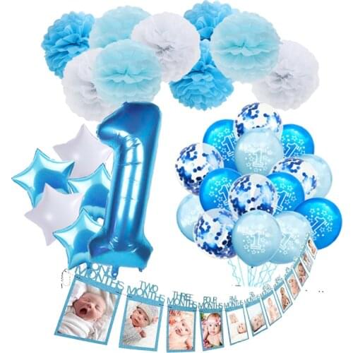 31Pcs Photo Garland 1 Year Boy Birthday Blue Latex Balloon Baby Shower Supplies Kids Birth Day Party Deco 12 Month Photo clips