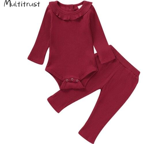 2Pcs Kids Suit Set Solid Color Round Neck Long Sleeve Baby Romper+Trousers Wine Red/Pink/Yellow Sleepwear Pajamas Robes