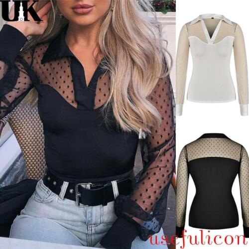 Women Sexy Mesh Sheer Long Sleeve Polka Dot Tops Ladies Shirt Blouse Clubwear