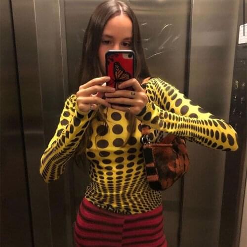 DSMTRC Women Long Sleeve O Neck Print Tops Wave Point Graphic T Shirts Fashion Casual Tops Summer Streetwear Bodycon Crop Top