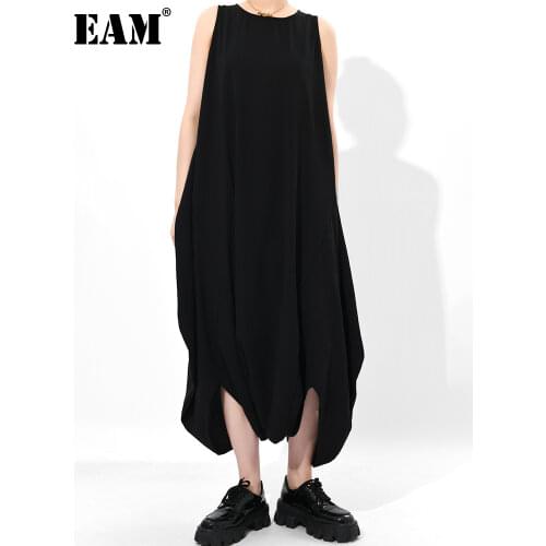 [EAM] Women Black Loose Big Size Long Jumpsuit New High Waist Pocket Stitch Pants Fashion Tide Spring Summer 2021 1DD231001