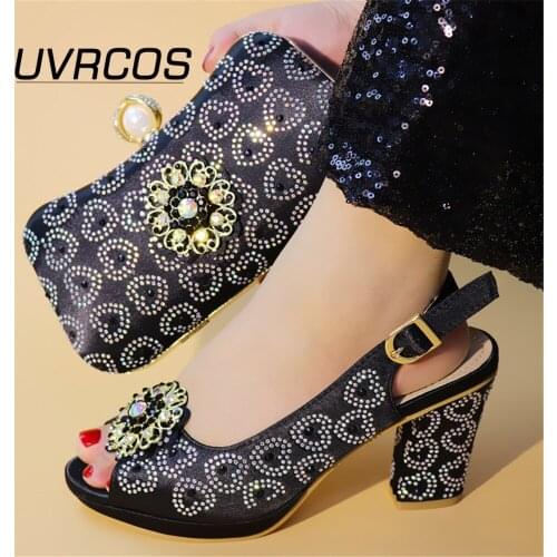Elegant 2021 New Arrival BLACK Color Italian Shoes with Matching Bags for Women Nigerian Women Wedding Shoes and Bag Set