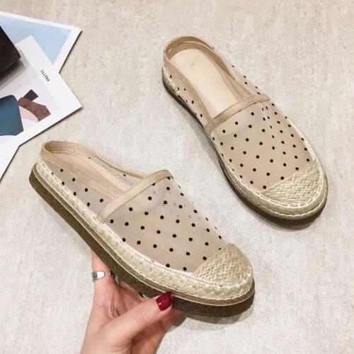 Polka dot slingback hemp knitted flats espadrilles women shoes slip on mesh shallow moccasins creepers clear sole zapatos mujer