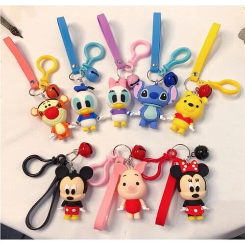 16 Styles Cartoon Disney Minnie Mouse Keychains PVC Donald Duck Stitch Pooh Bear Doll Figurine Toys Key Ring Kids Christmas Gift