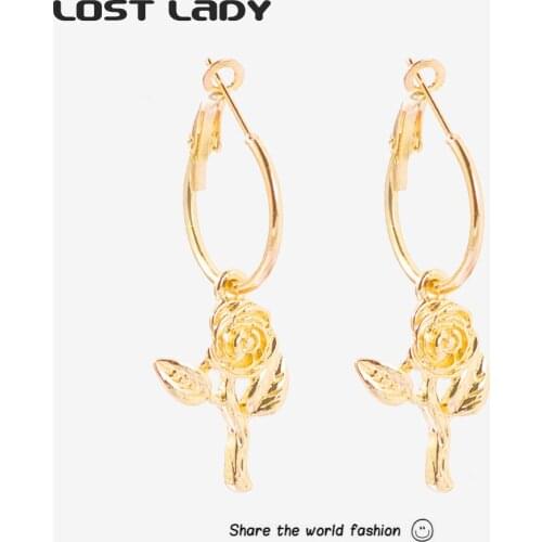Lost Lady Exquisite Rose Dangle Drop Earrings Statement Vintage Gold Color Goth Earrings for Women Fashion Jewelry Party Gift