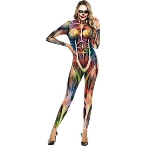 Adult Halloween Cosplay Muscular Male Jumpsuit Muscular Feminine Tights Costumes Suit Ghost Festival Scary Skull Print Costume