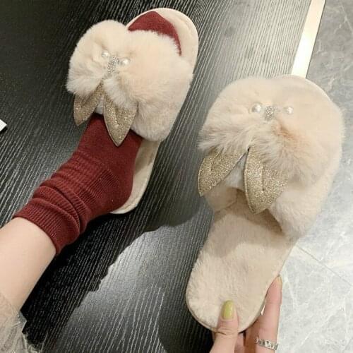 Round Bead Rabbit Ears Rosette Fur Warm Slippers Fur Slides Ladies Flats Shoes Slip on Bow-knot Home Furry Slippers Cute Woman