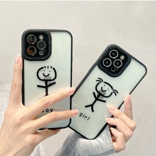 Cute Graffiti Boy Girl Phone Case for iphone 11 12 Pro X XS XR Max MiNi 7 8 Plus SE 2020 Simplicit Couple Transparent Soft Cover