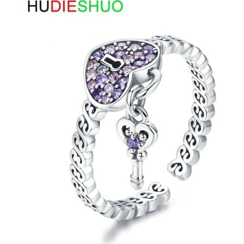 HUDIESHUO Fashion Romantic Heart & Key Cubic Zircon 925Silver Women Rings
