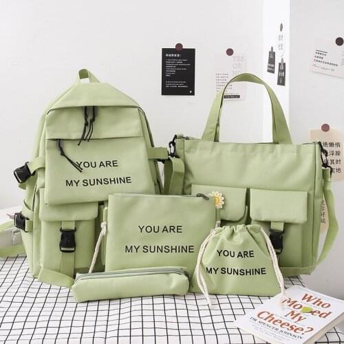5 Piece Set Kawaii School Bags For Teenage Girls Women Backpack 2021 Canvas Travel Student Notebook Bookbags Casual Schoolbag