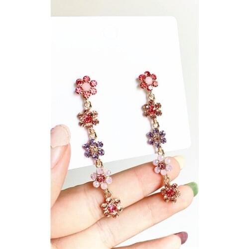 New Korean Shiny Crystal Colorful Flower Long Earrings for Women Elegant Party Dangle Pendientes Jewelry Gifts EC1978