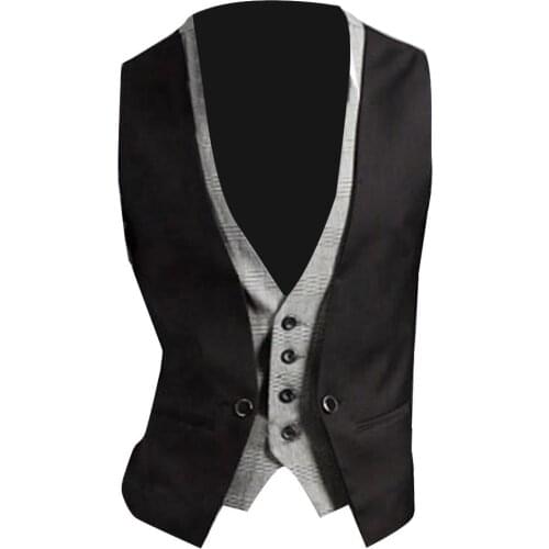 Office Men Fashion Fake Two-pieces V Neck Sleeveless Button Pocket Waistcoat Jacket Business Casual Male Vest for Party Wedding