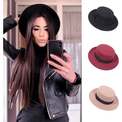 Spring Autumn Wool Boater Flat Top Hat For Womens Felt Wide Brim Fedora Hat Jazz Cap Classic Bowler Gambler Top Hat
