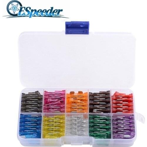 ESPEEDER 100pcs Car Auto Medium Size Standard Blade Fuse 2A 3A 5A 7.5A 10A 15A 20A 25A 30A 35A Box Plastic Box Assortment Fuses