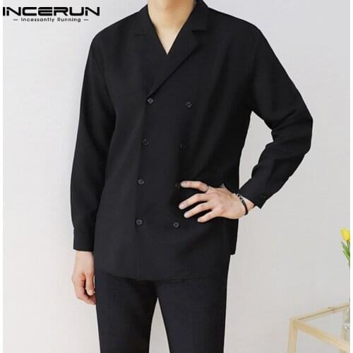 Long Sleeve Lapel Neck Blouse INCERUN 2021 Spring Double Breasted Men Casual Shirt Man Leisure Solid Color Camisa Masculina 5XL