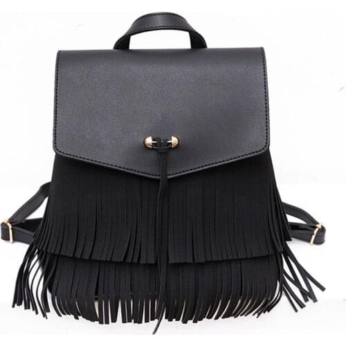 Tassel Backpack Fashion Women Pu Leather Schoolbags Large Capacity Solid Color Leisure Female Backpacks