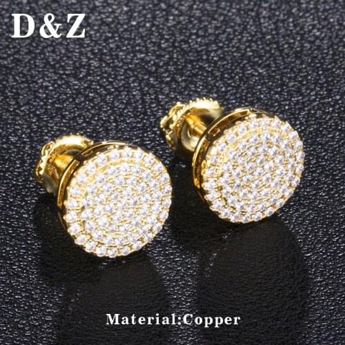 D&Z Copper with Full Iced Out Bling Zircon Round Earrings Micro Paved CZ Geometric Studs Earring For Mens Hip Hop