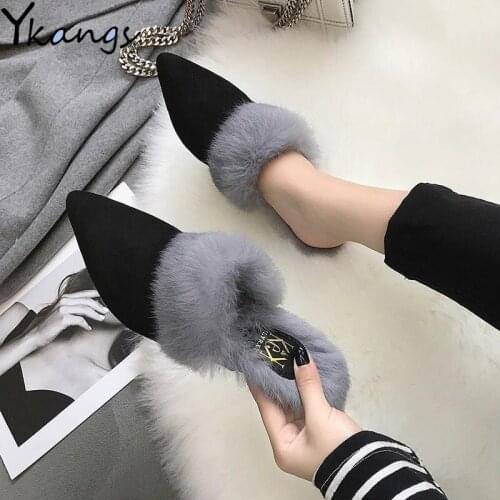 Winter Real Animal Fur Slides Slippers Women Natural Rabbit Mules Flip Flop Female Fluffy Fur Lady Office Plush High heels Shoes