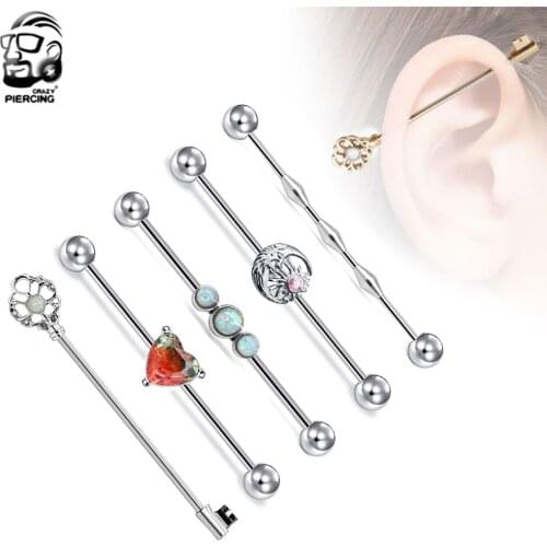 1pc 1.6*38mm Steel Opal Industrial Barbell Sun Moon Cartilage Helix Bar Ear Ring Heart Body Piercing Jewelry Oreja for Women Men