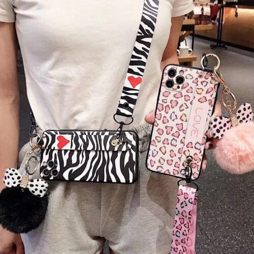Leopard zebra Hairball Lanyard bracket wrist Soft silicon phone case for apple iphone 12 6 7 8 Plus X XS XR MAX 11 Pro SE cover