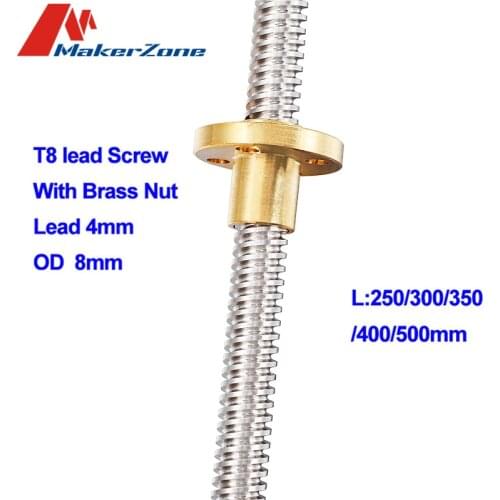 T8 Lead Screw OD 8mm Pitch 2mm Lead 4mm Length 300mm 400mm 500mm Threaded Rods with Brass Nut for Reprap 3D Printer Z Axis