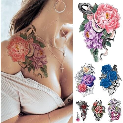 Waterproof Temporary Tattoo Sticker Snake Peony Lace Flash Tattoos Rose Flower Body Art Arm Water Transfer Fake Tatoo Women Men