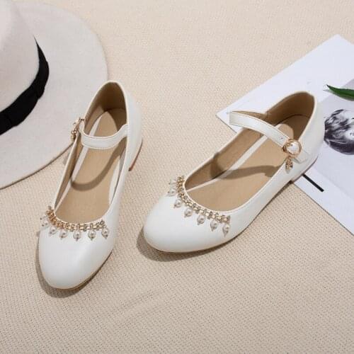 YQBTDL 2020 Summer Fashion Chunky Heels Mary Jane Shoes String Bead Rhinestone Design White Pink Sweet Ladies Low Heel Pumps 42