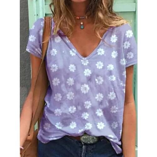 Women Tshirt V-neck Short Sleeve T-shirt Casual Floral Printed Tops S-3XL 2020 Fashion Tee