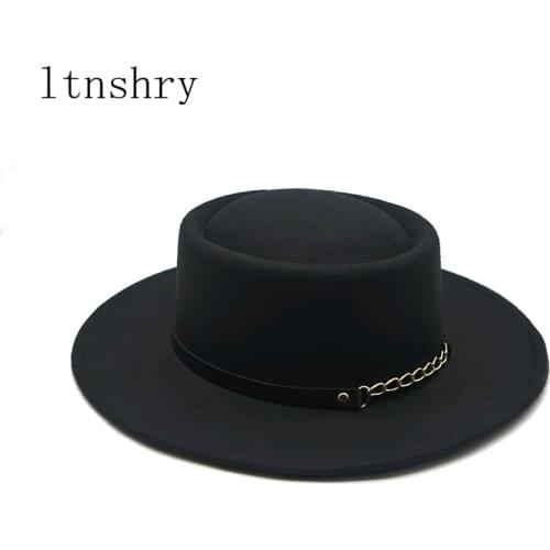 Solid color Autumn Winter Fashion Wool Simple Fashion Round Flat Top Vintage Wide Fedoras Hats for Women Wide Brim Chain ribbon