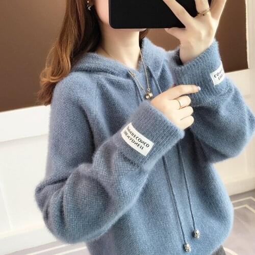 Womens Winter Thickened Mink Fleece Knit Sweater Loose Hooded Student Sweater SA216