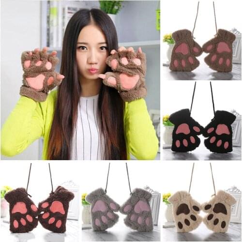 1Pair Women Girls Lovely Winter Warm Fingerless Gloves Fluffy Bear Cat Plush Paw Claw Half Finger Gloves Fashion Mitten