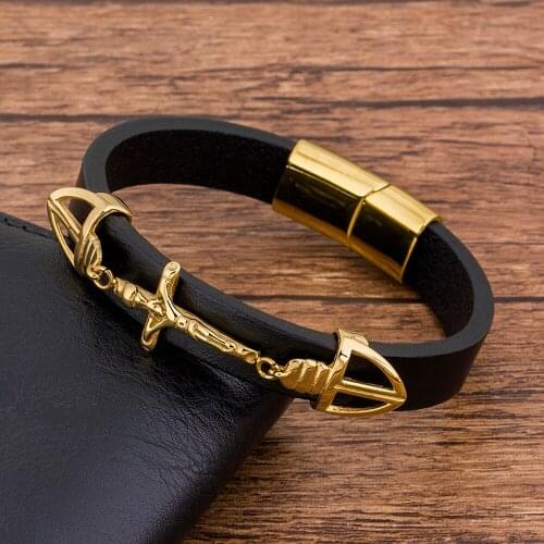 Fashion Charms Rope Braided Black Leather Men Bracelet Gold Magnetic Buckle Jewelry Christian Religion Accessories Bangles