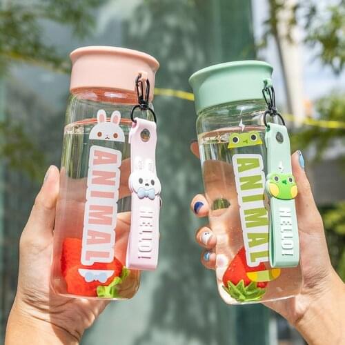Water bottle sports water cup cute small animal transparent glass portable hand-held cup high temperature walking outdoor