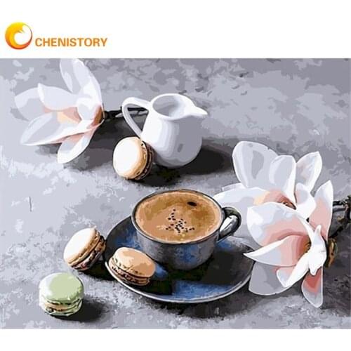 CHENISTORY Oil Painting By Numbers Framed Home Decoration Artcraft Coffee Cake Flower Picture By Number Handmade Home Decor
