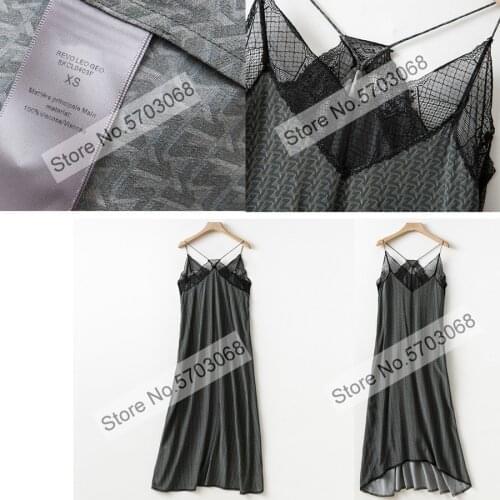 Women Viscose V Neckline Lace Patchwork Letter Printing Strap Midi Dress