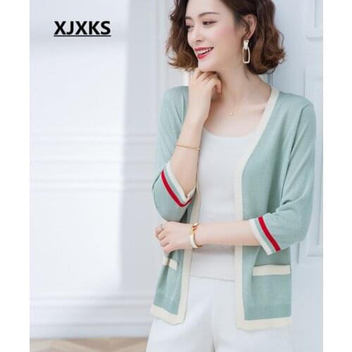 XJXKS 2020 spring autumn new women cardigan fashion V-neck comfortable wool knitted sweater women small coat